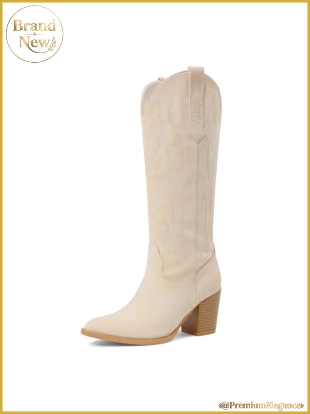 Women's Pointed Toe Knee High Cowboy Boots Wide Calf Embroidered Chunky Heel